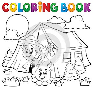 Coloring book scout camping in tent