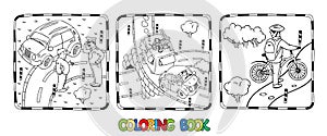Coloring book set of roads with cars