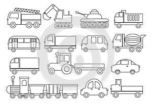 Coloring book. Set of transport. Car, bus, train, fire truck, concrete mixer, dump truck, truck, train, tractor, excavator and etc