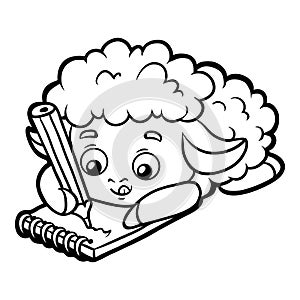 Coloring book, Sheep writer with a pencil and a notebook
