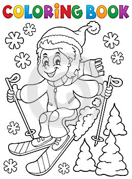 Coloring book skiing boy theme