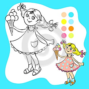 Coloring book - small pretty girl with ice cream