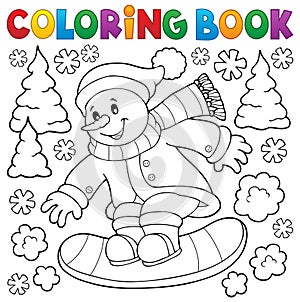 Coloring book snowman on snowboard