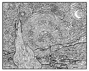 Coloring book Starry night Van Gogh art style photo