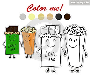 Coloring book stickers of chocolate and pop corn