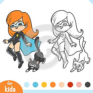 Coloring book, Super hero girl with a cat
