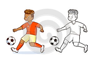 Coloring book. Teenage soccer players kicks soccer ball.Vector, cartoon, comic