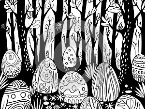 Coloring book. There are many Easter eggs lying in forest. Vector illustration, generative ai.