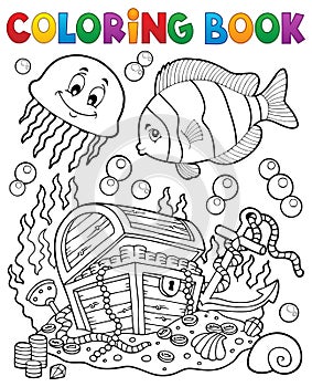 Coloring book treasure chest underwater