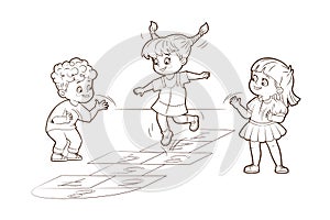 Coloring book two girls and a boy are jumping playing hopscotch. Vector illustration in cartoon style, black and white
