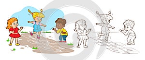 Coloring book two girls and a boy are jumping playing hopscotch. Vector illustration in cartoon style, black and white