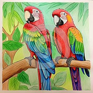 Coloring Book: Two Parrots Perched On Trees - Maranao Art Style