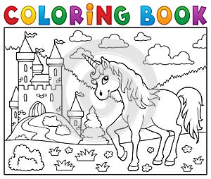 Coloring book unicorn near castle