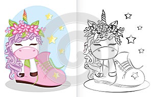 Coloring book with unicorn and rainbow cartoon in the shoes. coloring book for preschool children