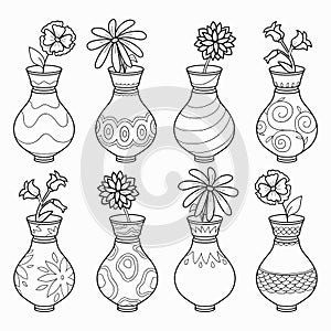 Coloring book (vases with flowers), vector colorless set photo