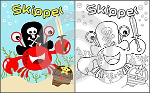 Coloring book vector of funny crab in pirate costume holding sword with starfish on treasure chest undersea
