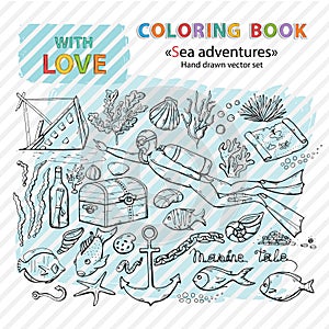 Coloring book. Vector scuba diver.Marine . Underwater vector