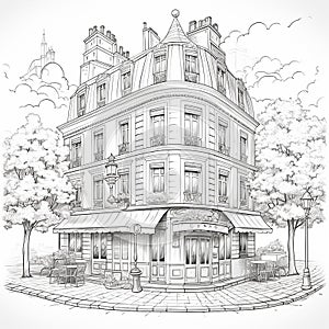 Coloring book, vintage of Parisian Architecture on a white background