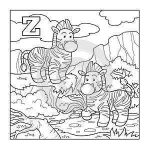 Coloring book (zebra), colorless alphabet for children: letter Z