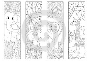 Coloring bookmarks for kids with jungle animals. Cute lion, funny elephants, and giraffe