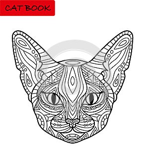 Coloring cat book for adults. Amazing cat`s head with tribal patterns.