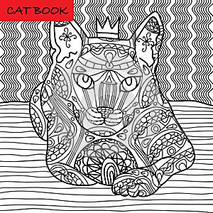 Coloring cat page for adults. Majestic cat with the crown looks pensive. Hand drawn illustration with patterns.