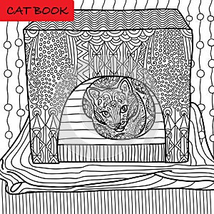 Coloring cat page for adults. Serious cat sits in his cat house. Hand drawn illustration with patterns.