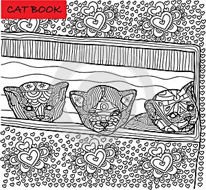 Coloring cat page for adults. Three newly born kitten peeking out of box. Hand drawn illustration with patterns.