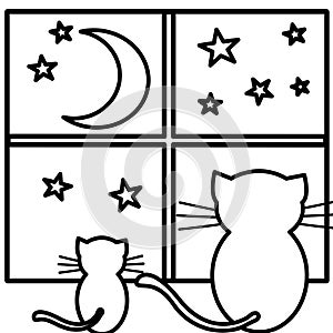 Coloring cats watching moon