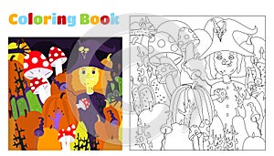 Coloring for children and adults. Coloring for children and adults. A funny witch among taverns, bottles with potions or poison.