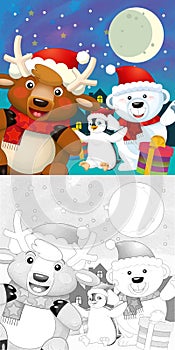 The coloring christmas page with colorful preview