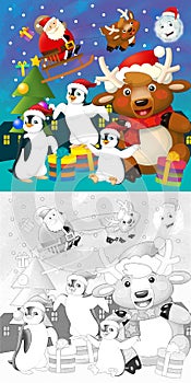 The coloring christmas page with colorful preview