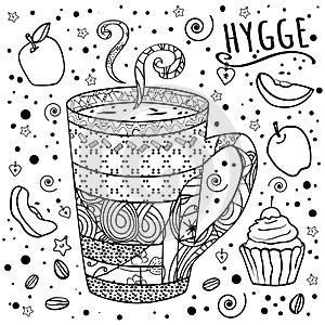 Coloring Coffee, tea and sweets. Zen, tangle and doodles. Kitchens of the world. Sweet table. Comfort at home. Cozy. - Vector