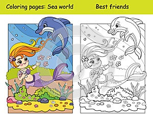 Coloring and color cute mermaid swims with a dolphin