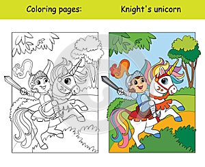 Coloring and color knight riding a unicorn