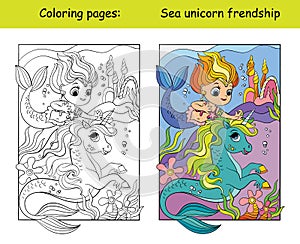 Coloring and color swimming unicorn and mermaid