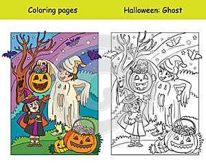 Coloring with colored example Halloween ghost and witch