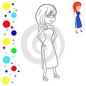Coloring and colored image of standing fashion girl. Coloring page supermodel.