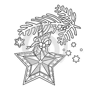 Coloring Coloring Page Outline Of Christmas decoration. Star. Christmas tree branch. New year