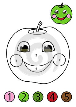 Coloring concept. Funny friendly apple coloring page with number of color.