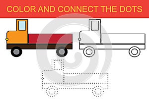 Coloring and connect the dots of image of truck transport. Kids game. Vector illustration