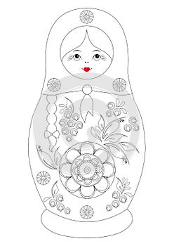 Coloring contour book for children. Traditional souvenir Russian floral folk matryoshka babushka doll. Gorodets painting