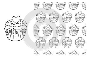 Coloring Cupcake. Set of element and seamless pattern