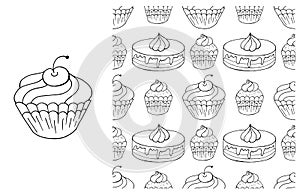 Coloring Cupcake. Set of element and seamless pattern