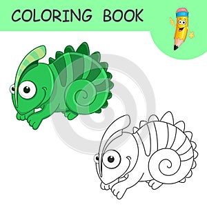 Coloring Cute Cartoon Chameleon. Coloring book or page cartoon of funny Lizard for kids. Cute colorful fauna animal as an example