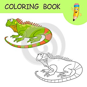 Coloring Cute Cartoon Iguana. Coloring book or page cartoon of funny Reptile for kids. Cute colorful fauna animal as an example