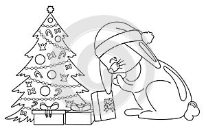 Coloring with cute cartoon rabbit with gift near Christmas tree