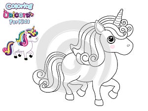 Coloring The Cute Cartoon Unicorn. Educational Game for Kids. Vector Illustration With Cartoon Animal Characters