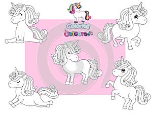 Coloring the Cute Unicorns Cartoon Set. Educational Game for Kids. Vector illustration With Cartoon Happy Animal