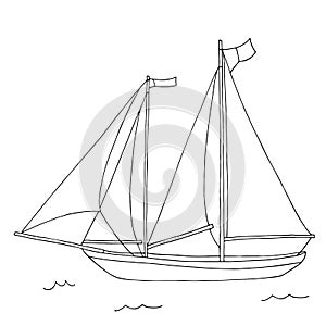 Coloring. Double mast yacht with sails at sea